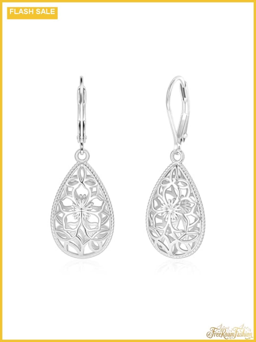 Silver Plated Teardrop Filigree Leverback Dangle Earrings